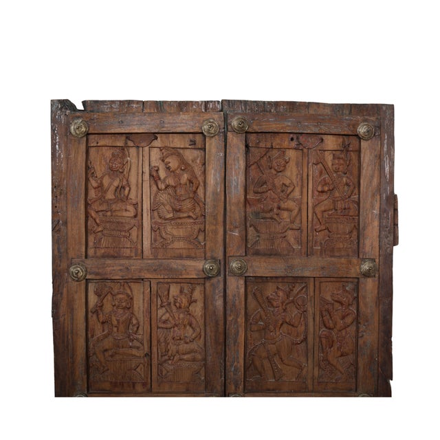 Indian Antique Indian Carved Teakwood and Brass “Folk Art” Door, C. 1880 For Sale - Image 3 of 4