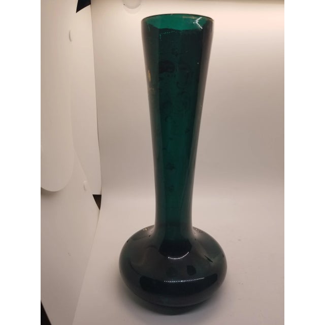 Vintage Emerald Green Flower Bud Vase Hand Painted Gilded Floral Design... Great fall Jewel color