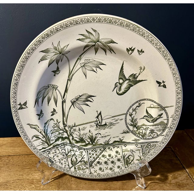 Green Transferware Cream Plate Tonquin Pattern Edge Malkin & Co Staffordshire, England 1883 Fantastic plate measuring a...