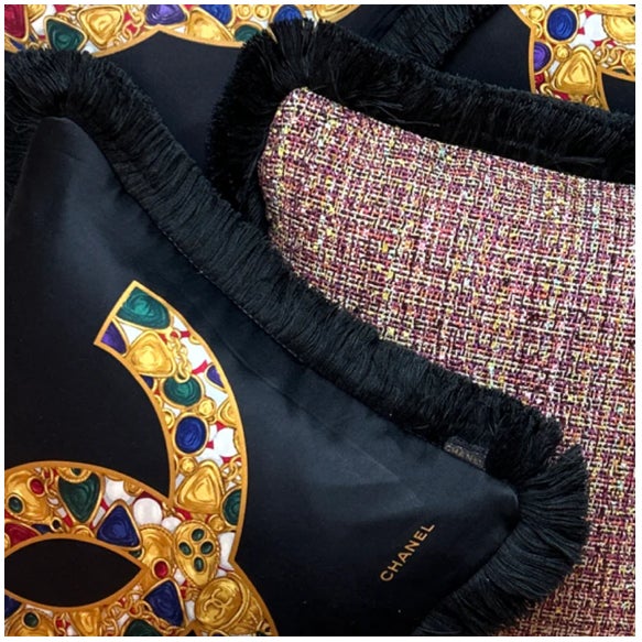 2020s Chanel CC Logo Vintage Silk Scarf Pillow For Sale - Image 5 of 5