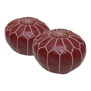 Moroccan Red Leather Pouf Covers - a Pair For Sale