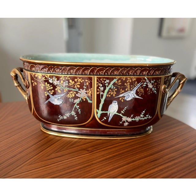 Art Nouveau 1800s French Choisy Le Roi Jardiniere With Hand-Painted Birds, Botanicals, and Gilt Detail For Sale - Image 3 of 12
