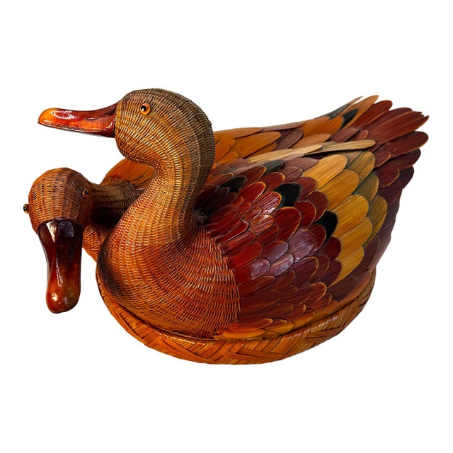 Asian Folk Art Duck Wicker Lidded Basket For Sale