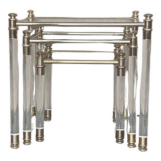 Set of Three Vintage Lucite an Brass Nesting Tables With Glass Top For Sale