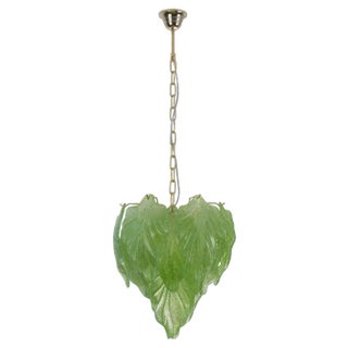 Light Green Suspension Chandelier with Murano Glass Leaves, Italy, 1990s For Sale