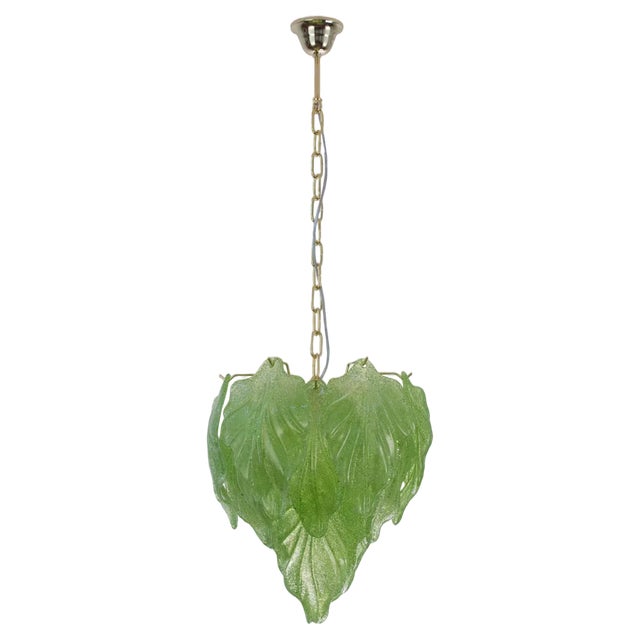Light Green Suspension Chandelier with Murano Glass Leaves, Italy, 1990s For Sale