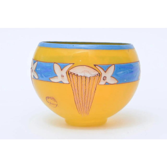 Art Deco French Art Deco Signed Andre Delatte Hand Blown Glass Bowl Yellow, Blue, Red Brown For Sale - Image 3 of 11