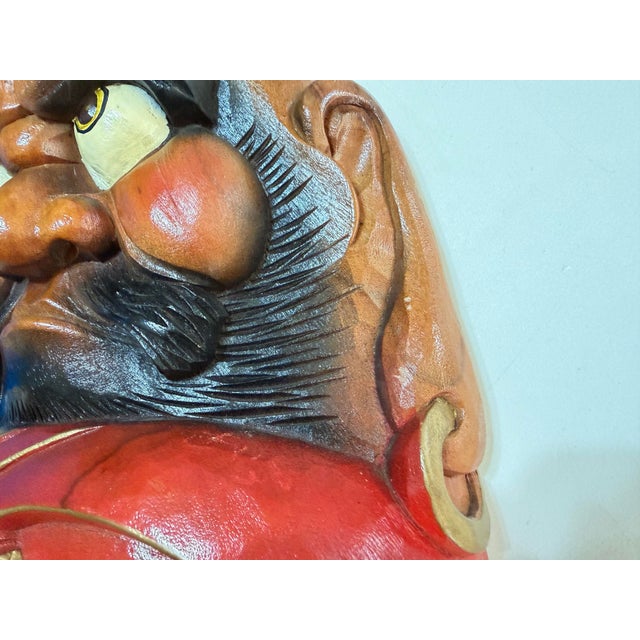 Wood Vintage Hand-Carved Wood Daruma Bodhidharma Wall Mask With Hossu Fly Whisk For Sale - Image 7 of 12