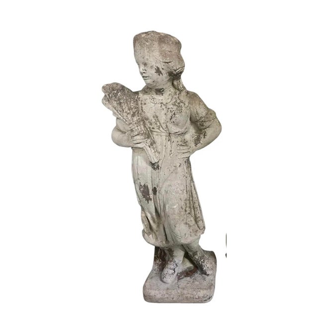 Vintage Weathered Cast Stone "Country Life" Allegorical Girl Garden Statue For Sale - Image 4 of 5
