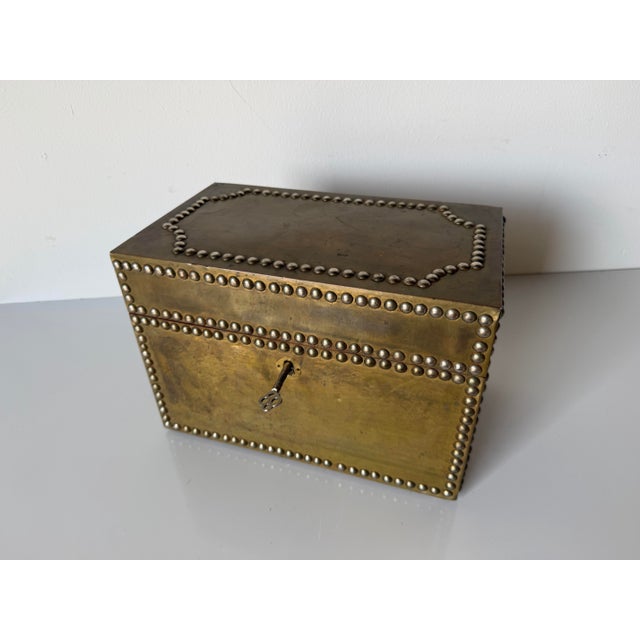 Vintage Sarreid Ltd. Style Brass Nailhead Lidded Decorative Box With Key For Sale - Image 11 of 12
