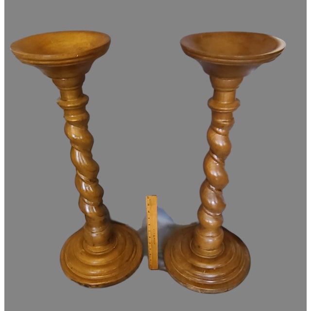 Antique Pair Wood Barley Twist Pedestal Plant Candle Stands For Sale - Image 11 of 12