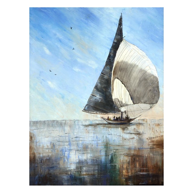 Beautifully rendered seascape of a sailboat full of small figures out at sea on glassy water with colorful reflections by...