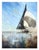 Beautifully rendered seascape of a sailboat full of small figures out at sea on glassy water with colorful reflections by...