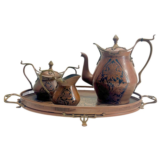 Arts & Crafts Copper and Brass Coffee Service by Carl Deffner, 1900s, Set of 4 For Sale