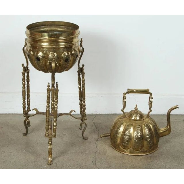 Moroccan Brass Tea Kettle on Stand Handcrafted in Fez Morocco 1930 For Sale - Image 9 of 12