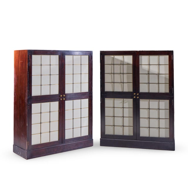 Thomas Pheasant for Baker Mahogany, Brass and Leather Cabinet - Pair Each cabinet measures: 51.5 wide x 20 deep x 68.25...