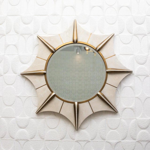 Metal Modern Mirror in Cream Shagreen With Bronze Patina Brass by R&y Augousti For Sale - Image 7 of 9