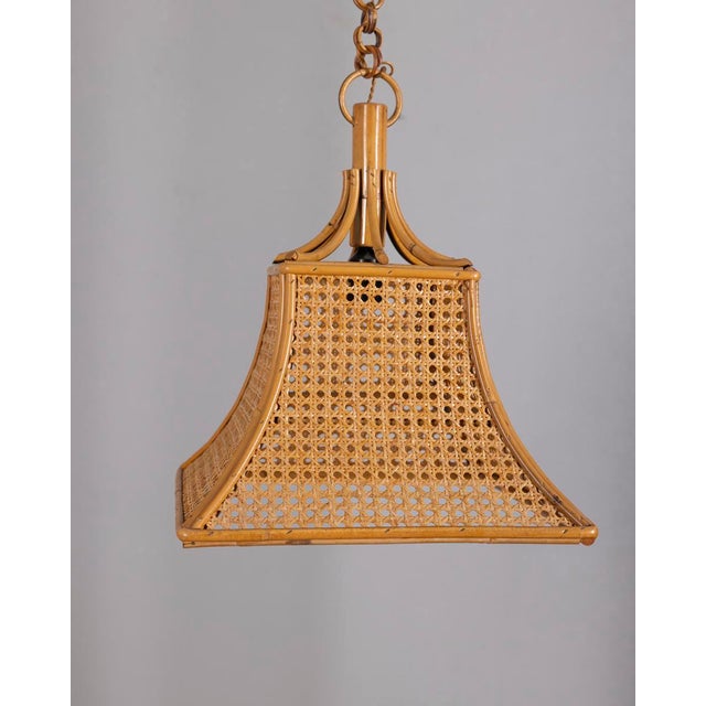 Pendant lamp with bamboo structure and Vienna straw lampshade, Italian design, 1960s. Up to 250V (Europe/UK Standard).The...