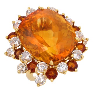 Vintage 41.00 Carat Citrine Diamond 16k Yellow Gold Cocktail Ring, Size 8 For Sale