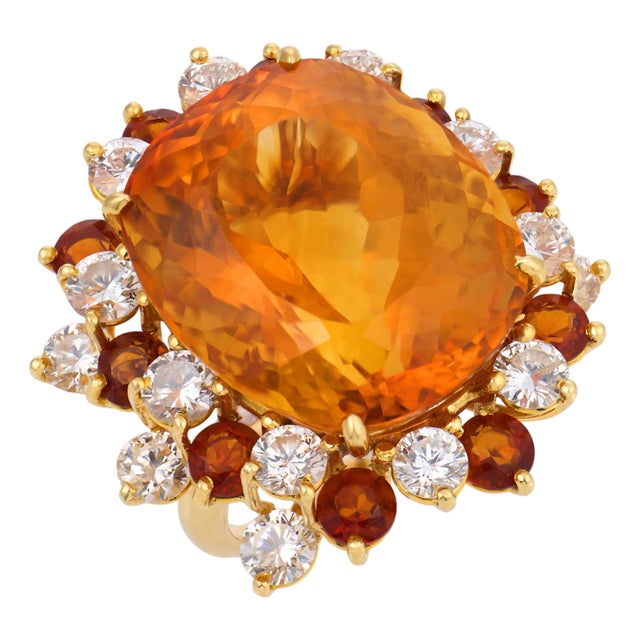 Vintage 41.00 Carat Citrine Diamond 16k Yellow Gold Cocktail Ring, Size 8 For Sale