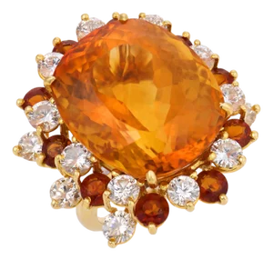 Vintage 41.00 Carat Citrine Diamond 16k Yellow Gold Cocktail Ring, Size 8