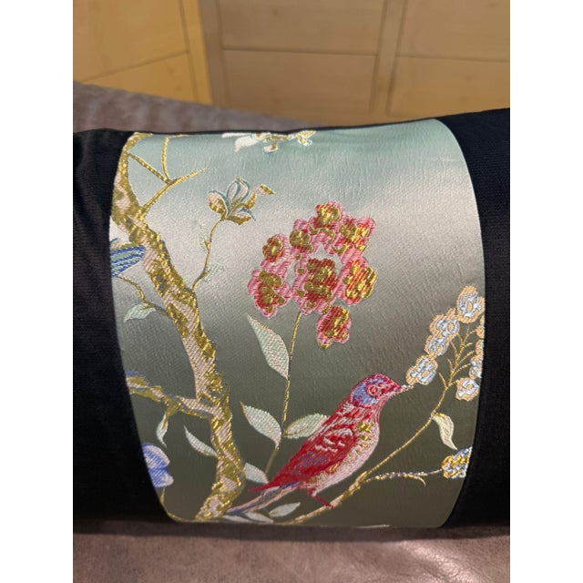 Chinoiserie Handmade Black Velvet Satin Cushion Cover For Sale - Image 3 of 11