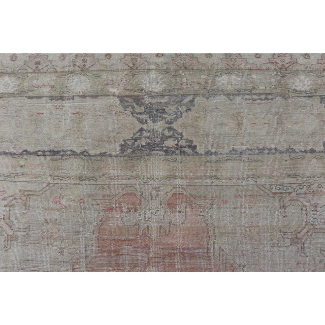 Textile Antique Hand Knotted Turkish Oushak With Large Medallion in Off White and Coral 9'7 X 13'7 For Sale - Image 7 of 12