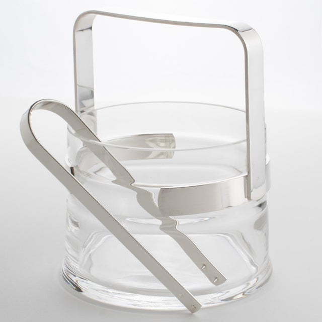 Italian silversmith P.M. Italy designed this exquisite modernist barware silver plate and crystal ice bucket circa 1980....