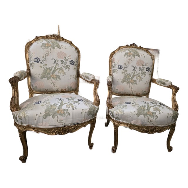Antique Louis XV Style Giltwood Armchairs For Sale