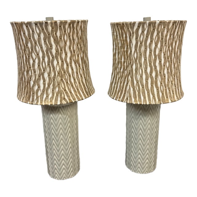 Celadon Zig Zag Ceramic Table Lamps With Funky Shades, Pair For Sale