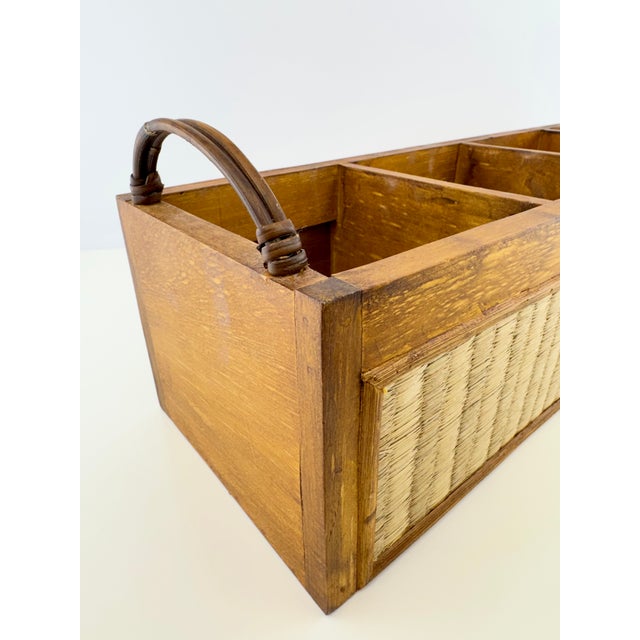 Vintage Indonesian Wood and Woven Rattan Four-Compartment Storage Caddy For Sale - Image 4 of 15