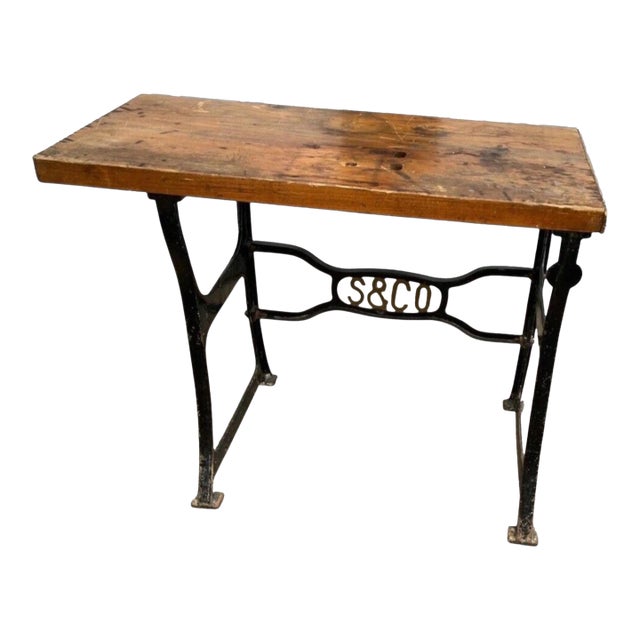 Vintage Antique Industrial Saltzman Chicago Cast Iron Table With Wooden Top For Sale