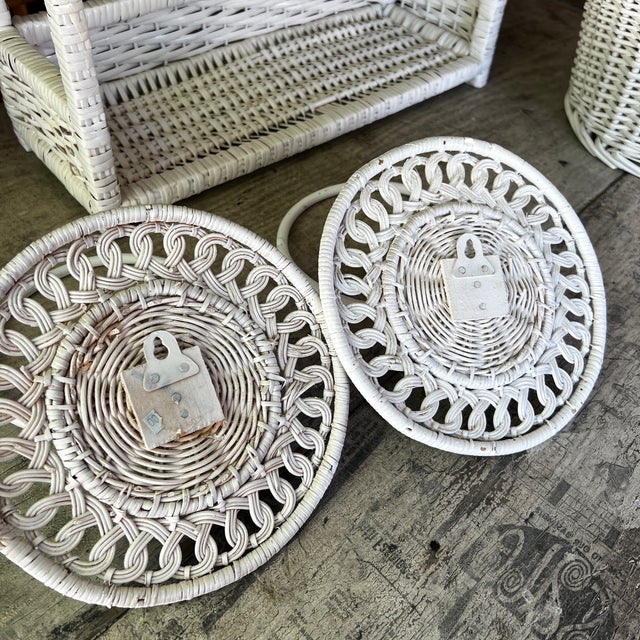 1980s Vintage White Wicker Bathroom Set | Shelf Towel Rings Wastebasket | Rustic Boho Cottagecore Decor For Sale - Image 5 of 8