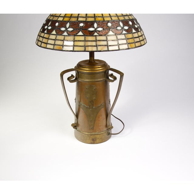 Arts and Crafts Copper and Brass Vase Table Lamp With Leaded Glass Shade, Attributed Stickley Brothers, Circa 1903 For Sale - Image 4 of 9