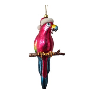 Vintage Hand-Blown Glass Tropical Parrot in Santa Hat Christmas Ornament For Sale