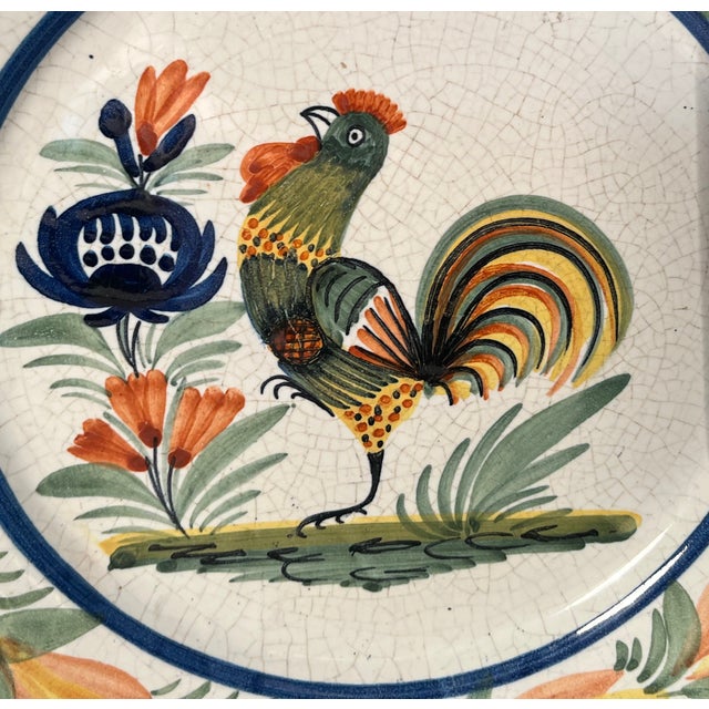 French Country 1920s Quimper Soup Bowl Rooster With Floral Border Signed Hb Henriot France For Sale - Image 3 of 5