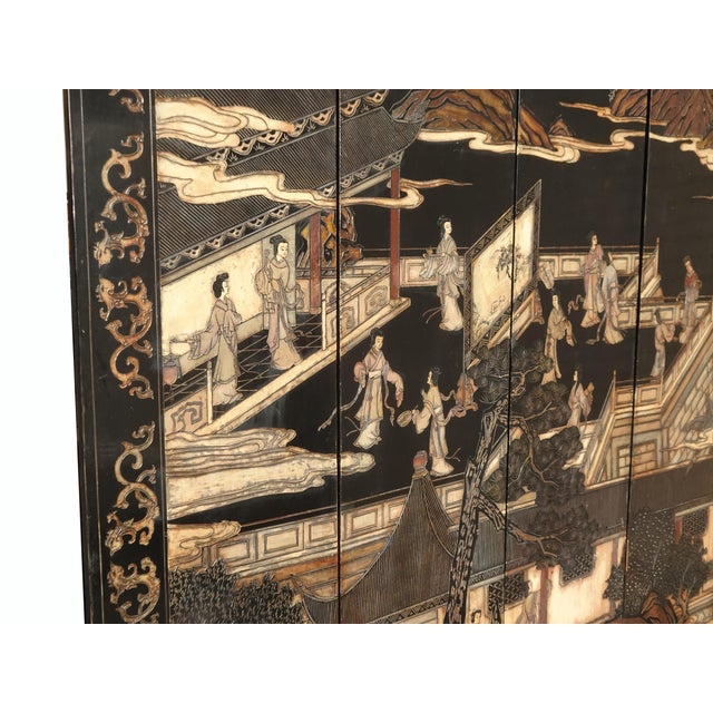 Vintage Oriental Asian Palace City Coromandel Chinoiserie Black Six Panel Screen For Sale - Image 13 of 17