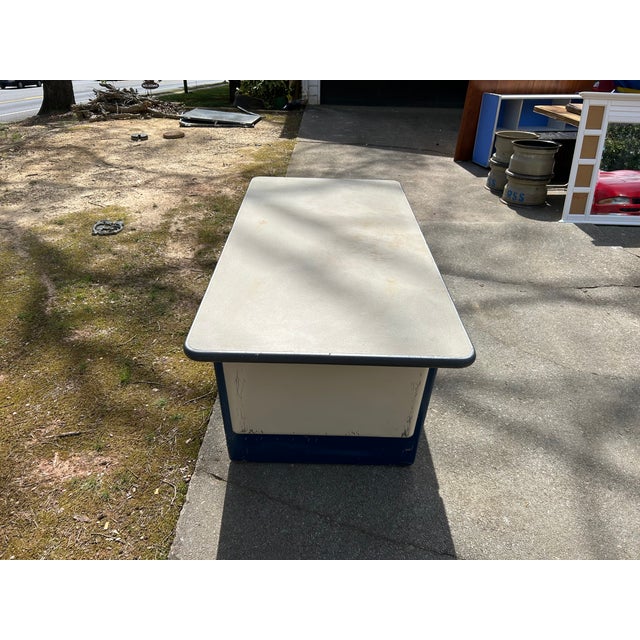 1950s Vintage Industrial Steel Work Desk With Blue Frame and White Formica Top For Sale - Image 5 of 9