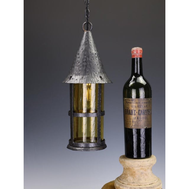 Antique Arts and Crafts Wrought Iron and Hand-Blown Amber Glass Pendant Lantern, 1890 For Sale - Image 4 of 11