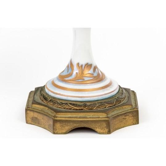 French Pair of French Sèvres-Style Porcelain Vases With Gilt Bronze Mounts — Hand-Painted Gallant Scenes, Marked France, Late 19th C. For Sale - Image 3 of 11