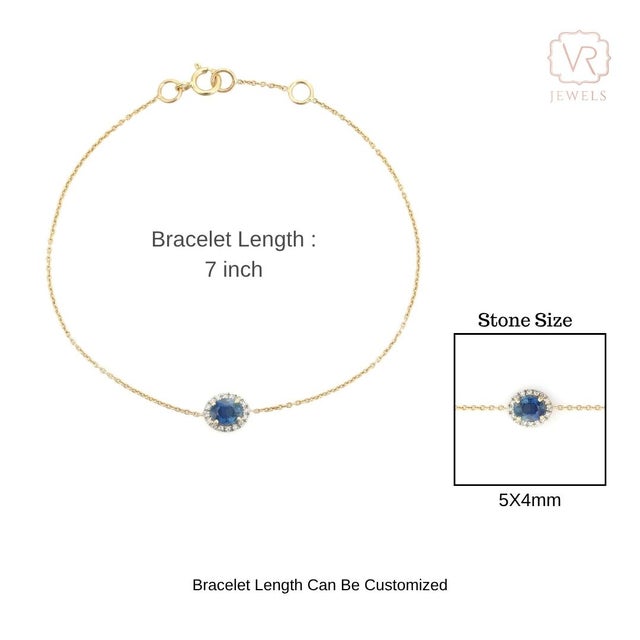 Vintage Style Sapphire Diamond Halo Chain Bracelet in 14k Solid Gold For Sale - Image 12 of 17