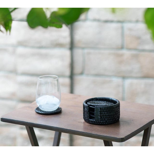 Boho Chic Artifacts Rattan Round Coasters with Box in Tudor Black - 7 Pieces For Sale - Image 3 of 6
