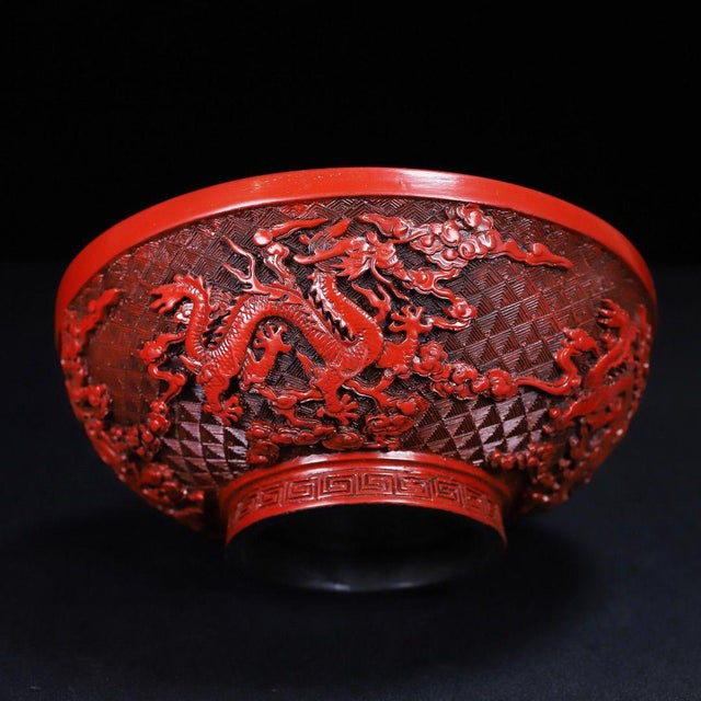 Chinese Vintage Chinese Cinnabar Carved Lacquer Bowl With Dragon Motif For Sale - Image 3 of 10