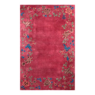 1920s Pink Cerise Floral Modern Antique Chinese Art Deco Rug 5' X 7'6" Hand Knotted Wool Carpet For Sale