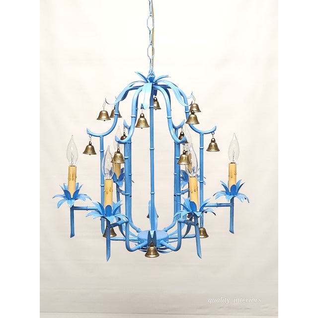 Splendid Italian Tole Vintage Baby Blue Faux Bamboo Pagoda Brass Chandelier ~ Rewired ~ Restored ~ Rejuvenated ~ Ready to Hang ~ For Sale - Image 10 of 12