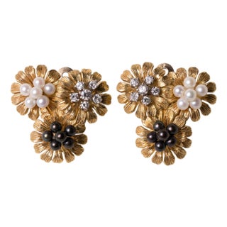 Vintage 14k Gold Black, White Pearl and Diamond Floral French Clip Earrings, A Pair For Sale