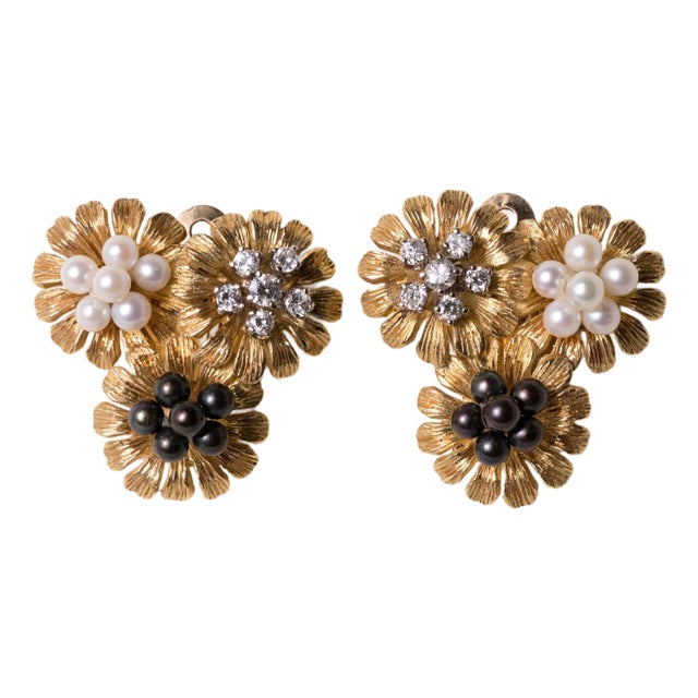 Vintage 14k Gold Black, White Pearl and Diamond Floral French Clip Earrings, A Pair For Sale
