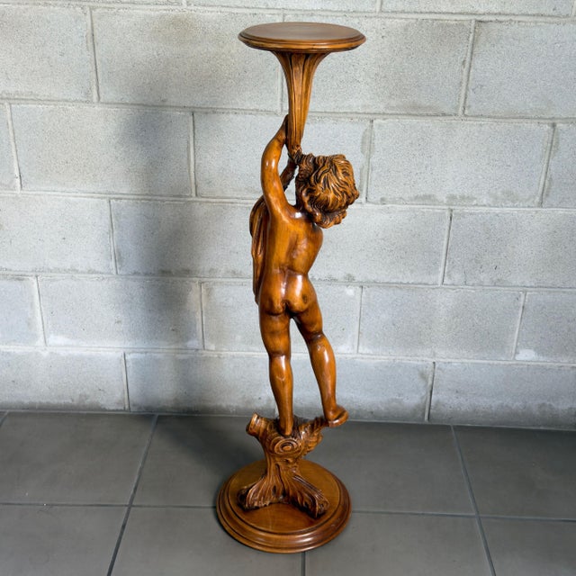 Vintage Italian Carved Wooden Cherub Pedestal Column from Artigianato Italiano, 1960s For Sale - Image 3 of 10