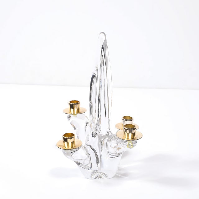 1950s Pair of Mid-Century Crystal & Brass Amorphic 4 Arm Candelabra Signed Schneider For Sale - Image 5 of 13