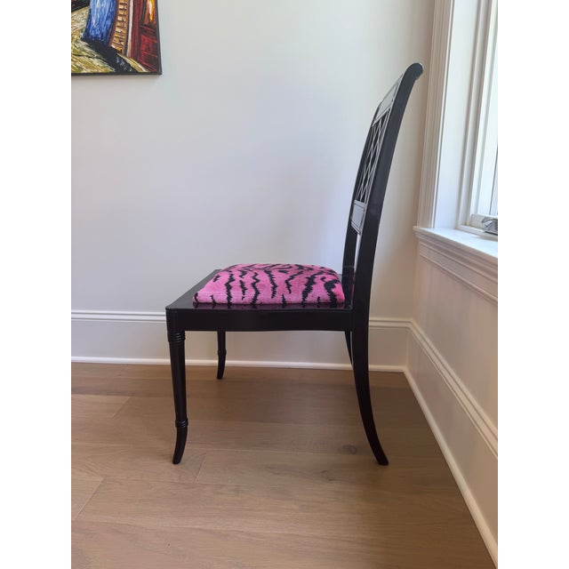 Black Set of 4 Chinoiserie Dining Game Chairs With Scalamandré Tigre Upholstered Seats For Sale - Image 8 of 9